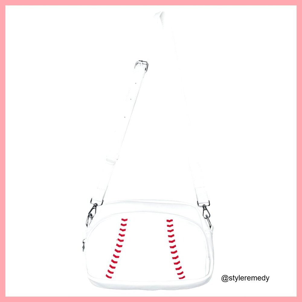 Faux Leather Baseball Crossbody Purse with Adjustable Strap